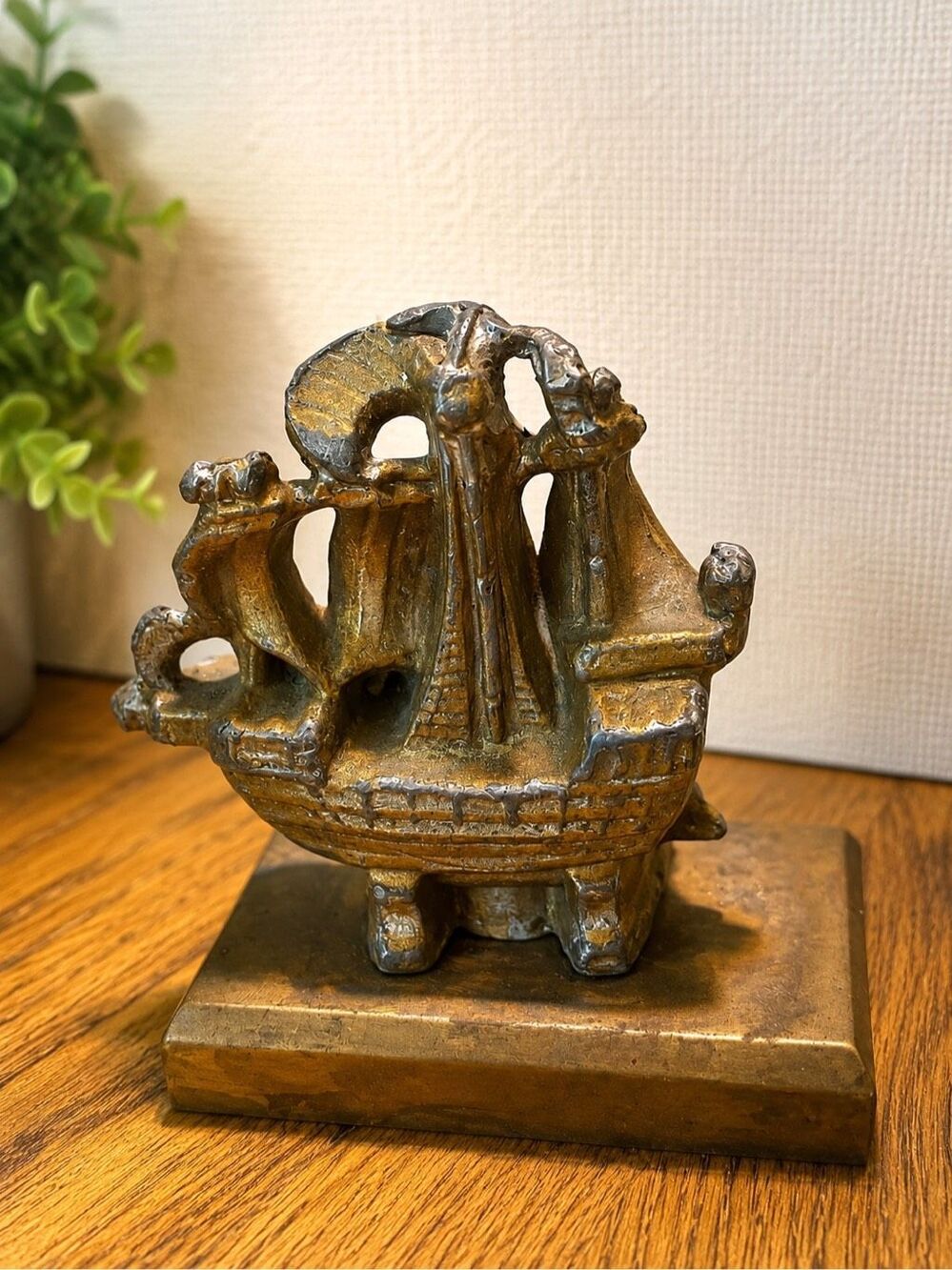 Vintage Brass Bronze Tone Sailing Ship Sculpture Nautical Figurine Paperweight
